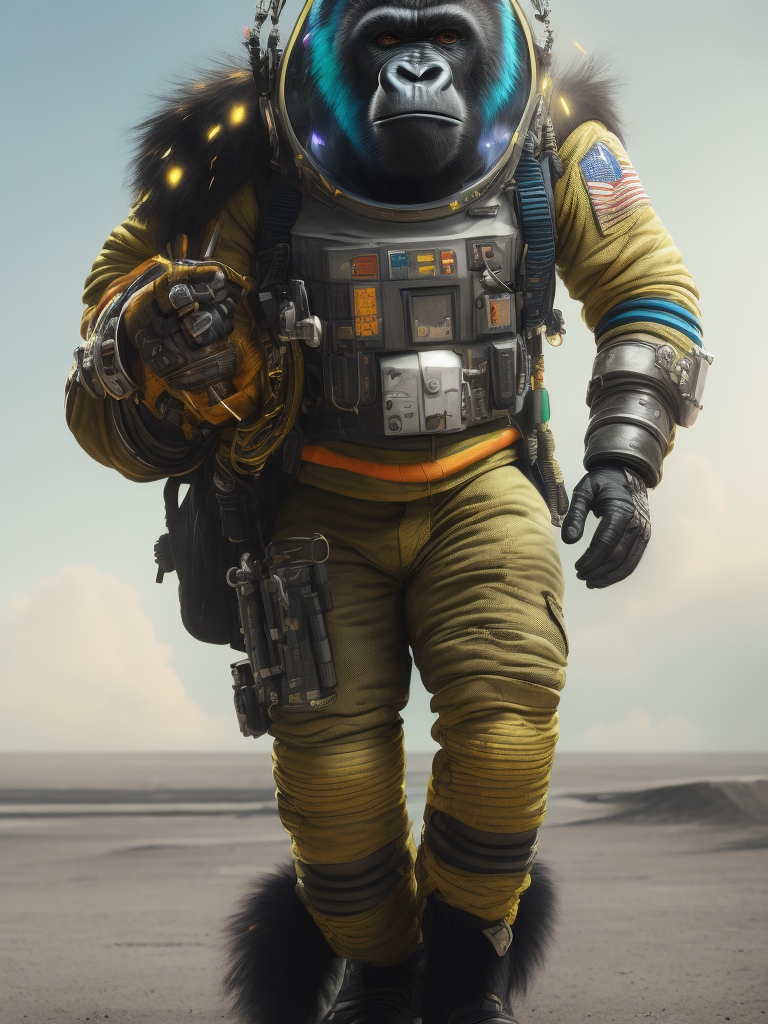 Portrait of anthropomorphic gorilla wearing space suit, ultra realism, super detailed, neon colors, magazine cover, professional shot, magazine photography, bright saturated colors, sharp focus, highly detailed