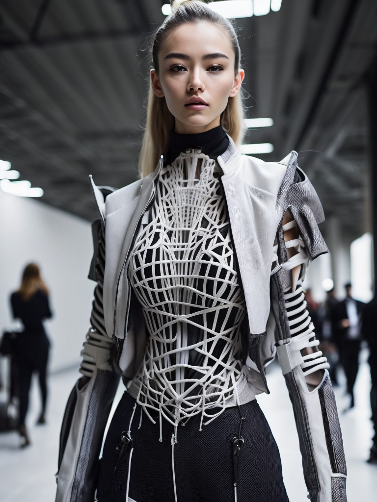 Wearable architecture, architectural fashion accessories exoskeleton, structured, skeletal futuristic streetwear fashion runway look, elegant, intricate, 3d printed, bone like structured fashion, slits, fragments, fractures, geometric, wireframe fashion, skin underneath, see through, vogue japan, gundam, hd, cover, epic, focus, ultra sharp, hyper detailed, epic, focus, ultra sharp, hyper detailed, dystopian fashion, fifth element, futuristic, luxury, elite, cinematic, exoskeleton fashion, nike, y3, yeezy