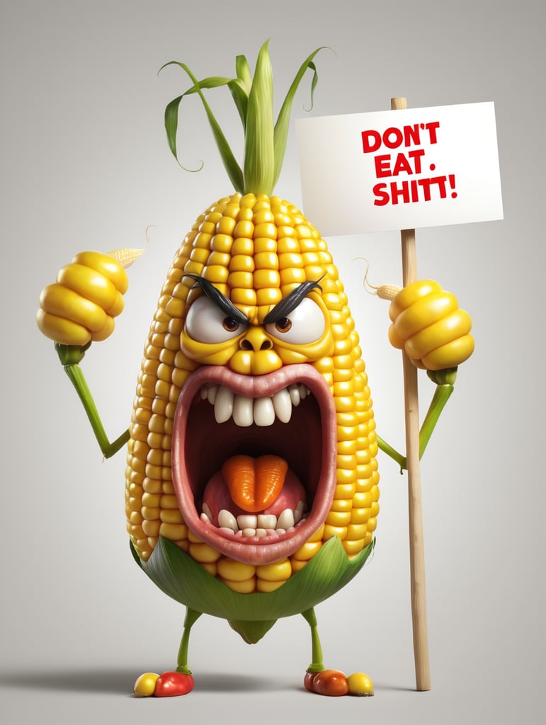 a realistic angry corn holding a sign "Don't eat Shit!", WHITE background