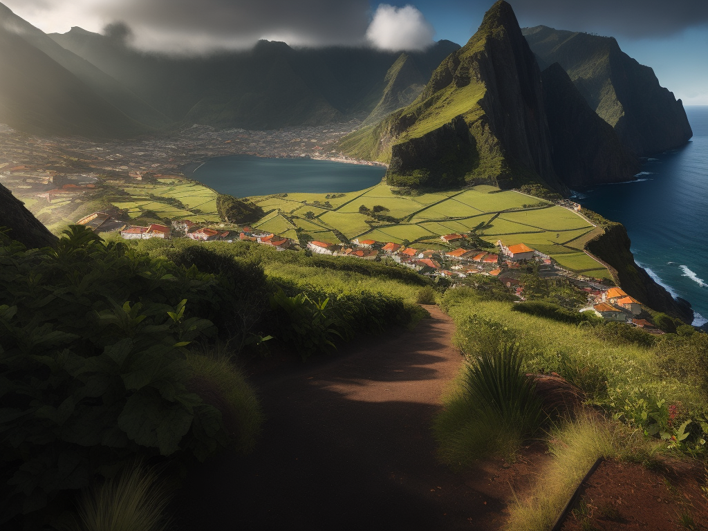 Madeira Island landscape, photorealistic, serene, peaceful, majestic, high detail, landscape, ultra hd, matte painting, highly detailed, concept art, contrast light, deep colors