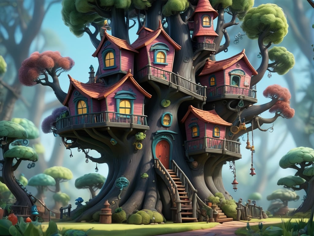 An elaborate, whimsical, treehouse in the style of Tim Burton on a bright sunny day. The tree's leaves are a base hex color of #88e00a the tree trunk is hex color of #683519. The wood of the house is painted hex color #fffc4d.