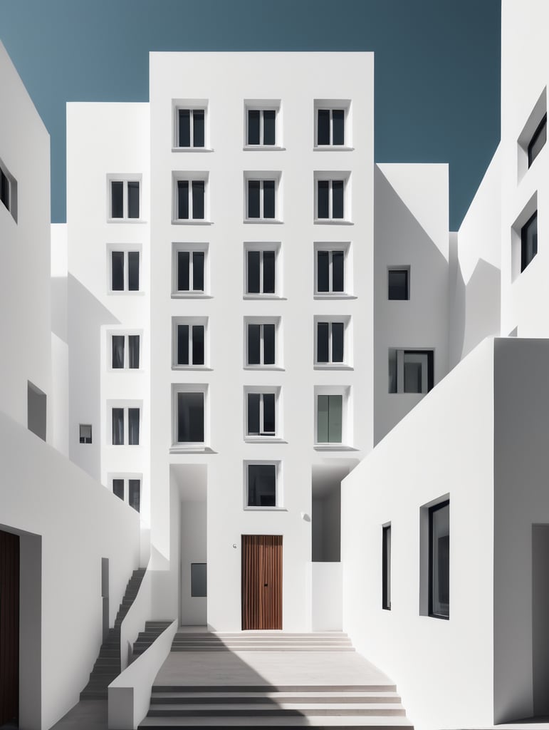 Give me an example for minimalistic white buildings make sure that they are connected and make room for a simple minimalistic windows and doors , keep in mind that the buildings are for residential use , add a entrance with stairs and raise the number of stories to 6 and the number of buildings combined to 4 And give me a picture that shows the whole buildings together