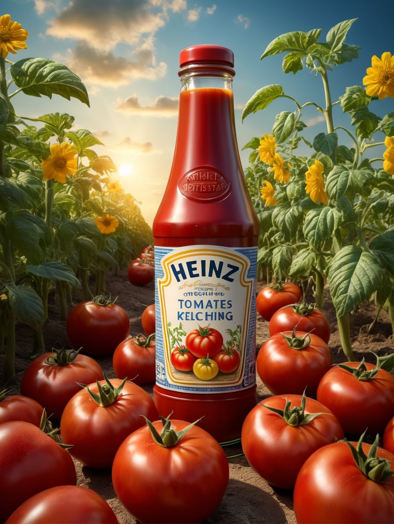 several red tomatoes stacked together forming a Heinz ketchup bottle with some leaves around it, beautiful tomato plantation in the background and a blue sky, short grass and yellow flower + yellow flowers + creamy light + ambient lighting + very beautiful colors