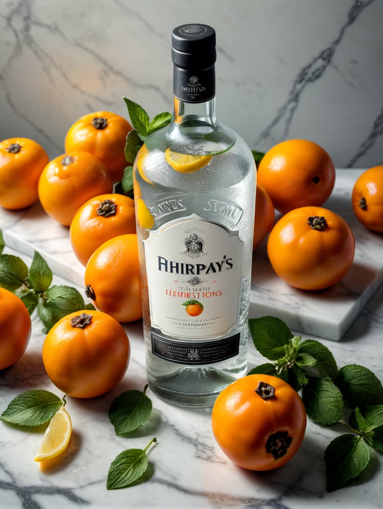 professional photo of a gin bottle on a white marble table surrounded by lemons, persimmons and mint, natural light