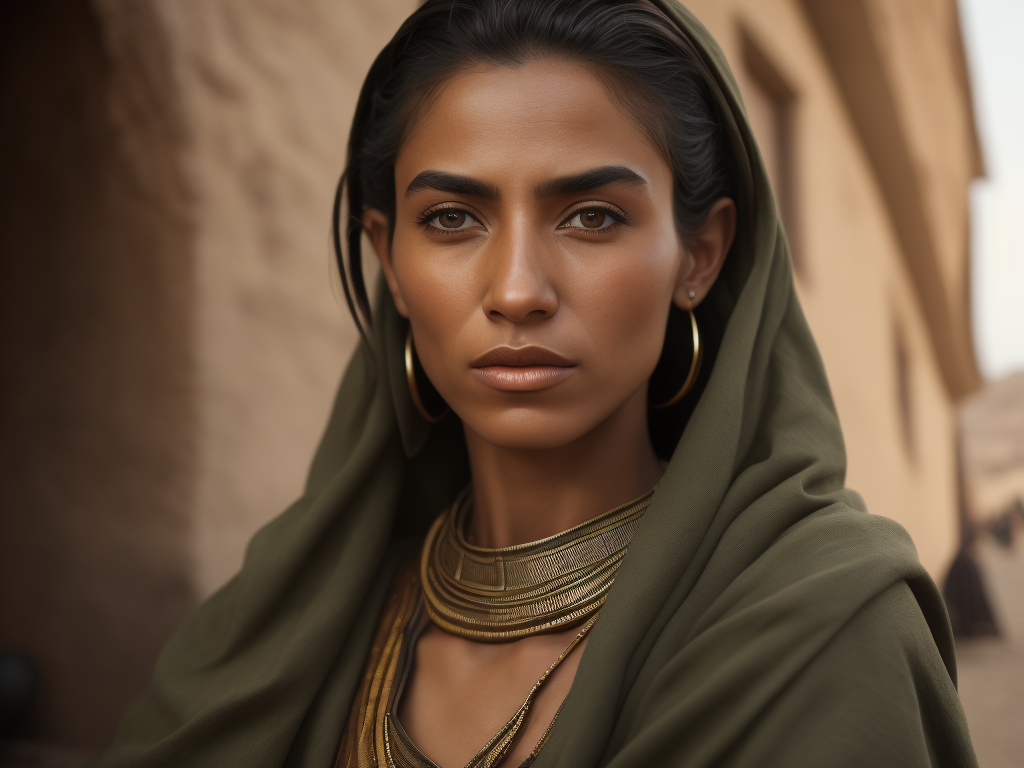 a photorealistic image of an Berber woman from the Bible,National Geographic style, she has a noise ring piercing, face line minimalist tattoos, side view, crossed hands, brown eyes, olive skin, she wears see green and blue wrinkled linen tunic, tanned, hair flowing in the wind, extremely detailed, realistic face, natural skin texture, extremely detailed skin with skin pores, peach fuzz, wearing red linen clothes, Israeli beauty, award winning photo, nikon d850 film archival photography, extremely detailed, amazing, fine details, rich color, texture hyper realistic, spectacular lighting, unreal engine, trending on artstation, 3 4 body view, realistic photo, RAW photo, high quality, high resolution, sharp