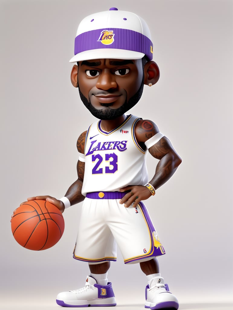 Animated Lebron james white a white jersey and a hat on holding a basketball