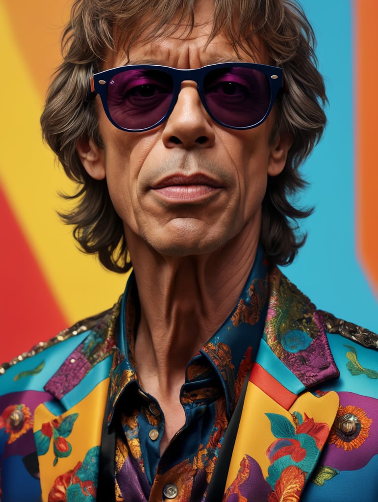 Mick Jagger wearing a brightly patterned jacket and wayfarer glasses, Vivid saturated colors, Contrast color