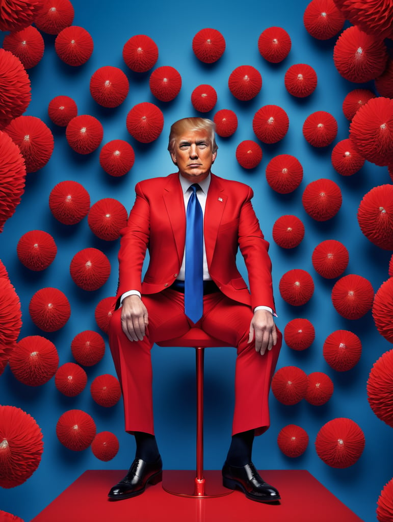 Donald Trump, avant-garde, simplygo, photoshoot spread, dressed in all red, blue background, harpers bizarre, cover, headshot, hyper realistic