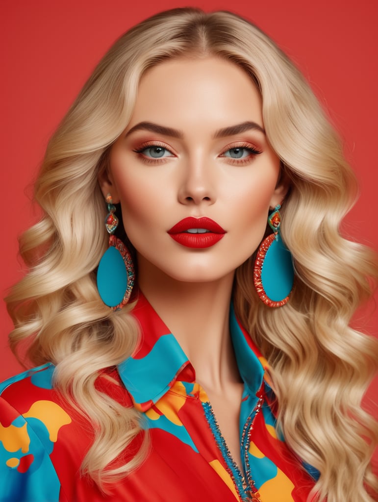 A beautiful blonde woman with long wavy hair and striking red lipstick, decked out in a vibrant pop art outfit. Solid color background, high fashion advertising campaign. Fun collection pieces in an ethnic and bohemian atmosphere with 2024 summer colors
