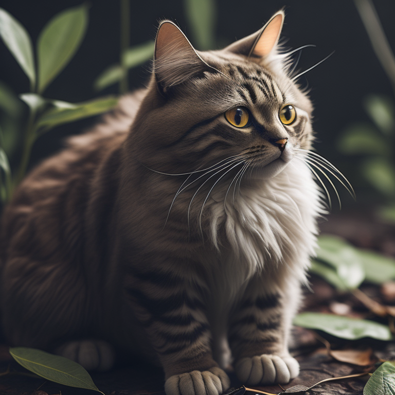 a fluffy furry cubic cat made out of leafs