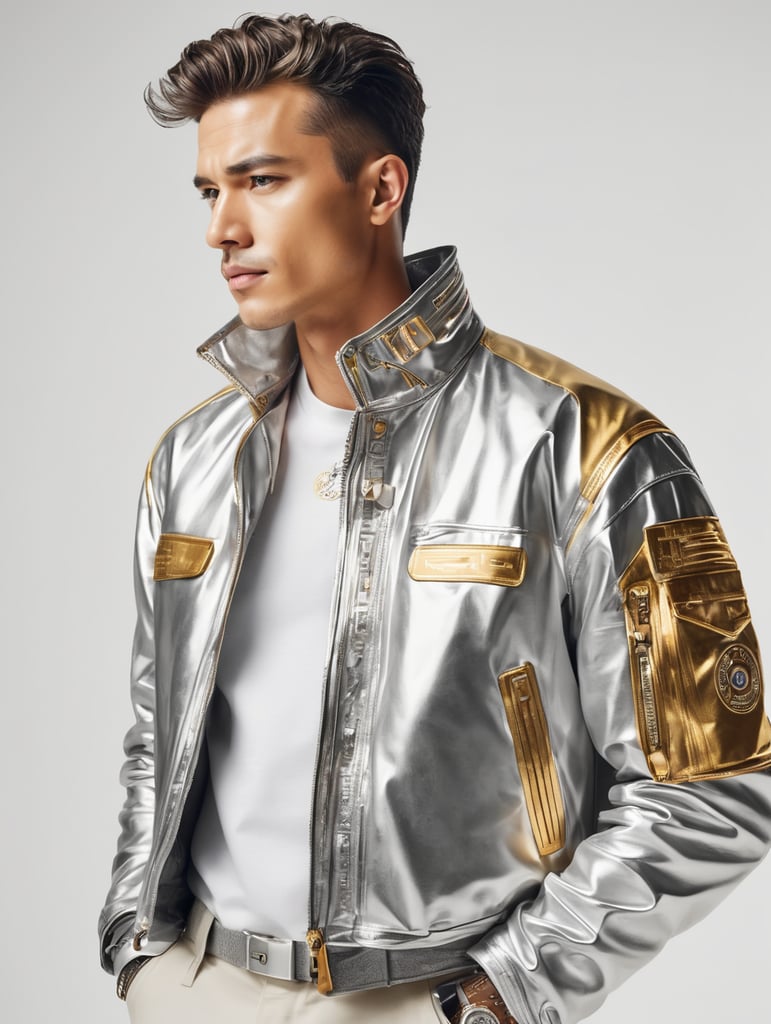 Jacket, futurist, mechanic, gold, silver, shot on leica, fashion portrait, by kith