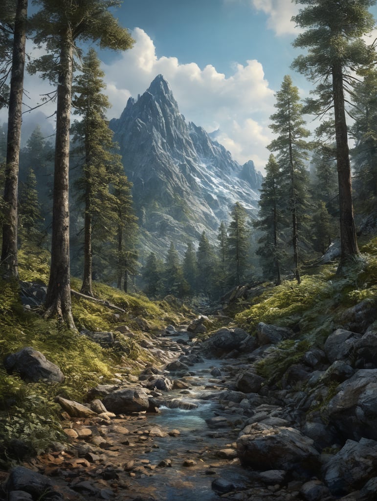 Peaceful mountain forest scene with only 6 colors shades of blue
