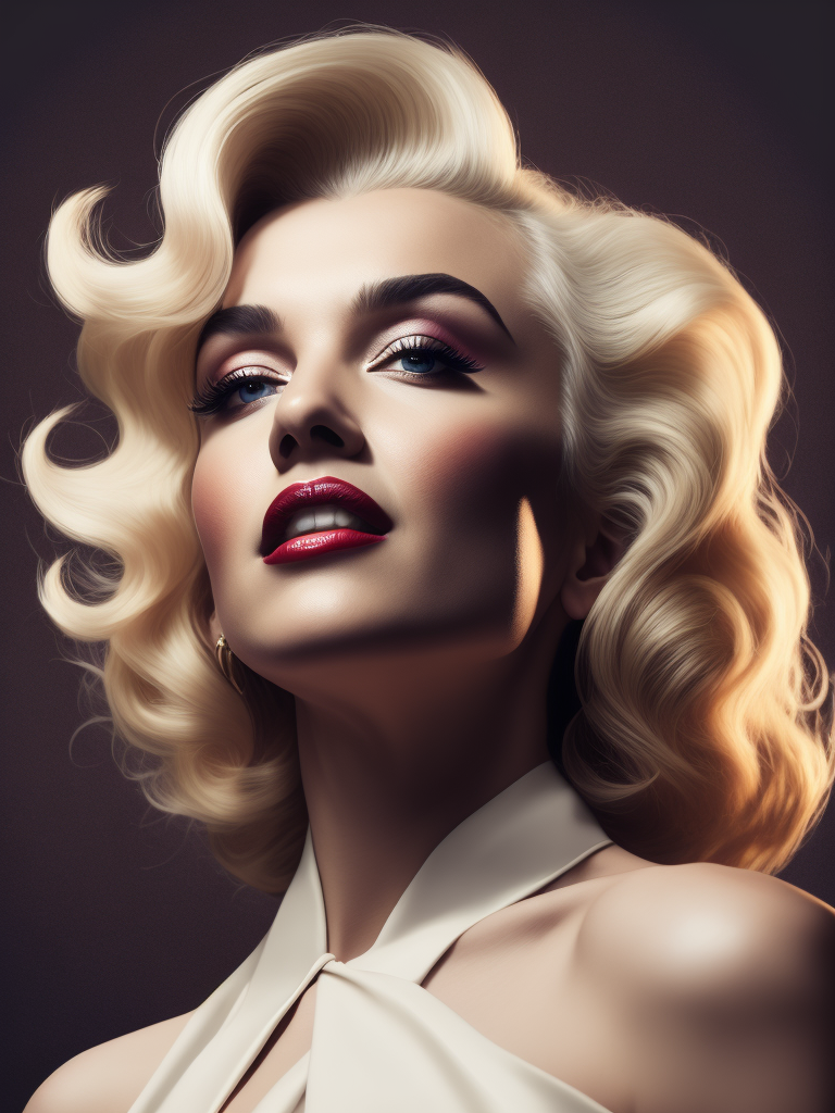 Portrait of Marilyn Monroe, ultra realistic, blonde hair, white dress, bright makeup, gradient background,