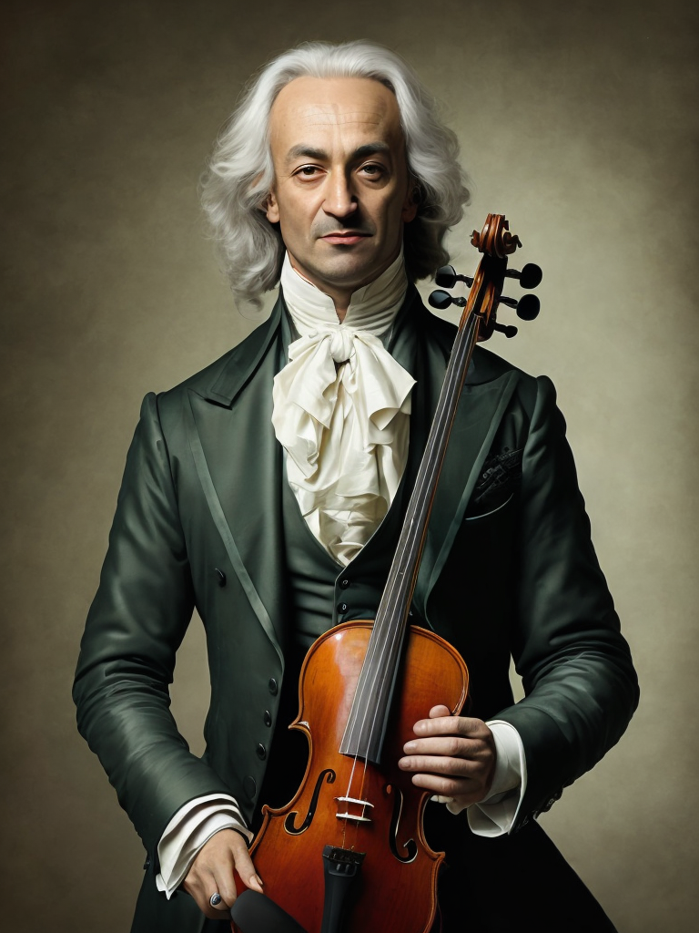 Antonio Lucio Vivaldi with a violin, in a 18th century green suit, Detailed image, detailed face,