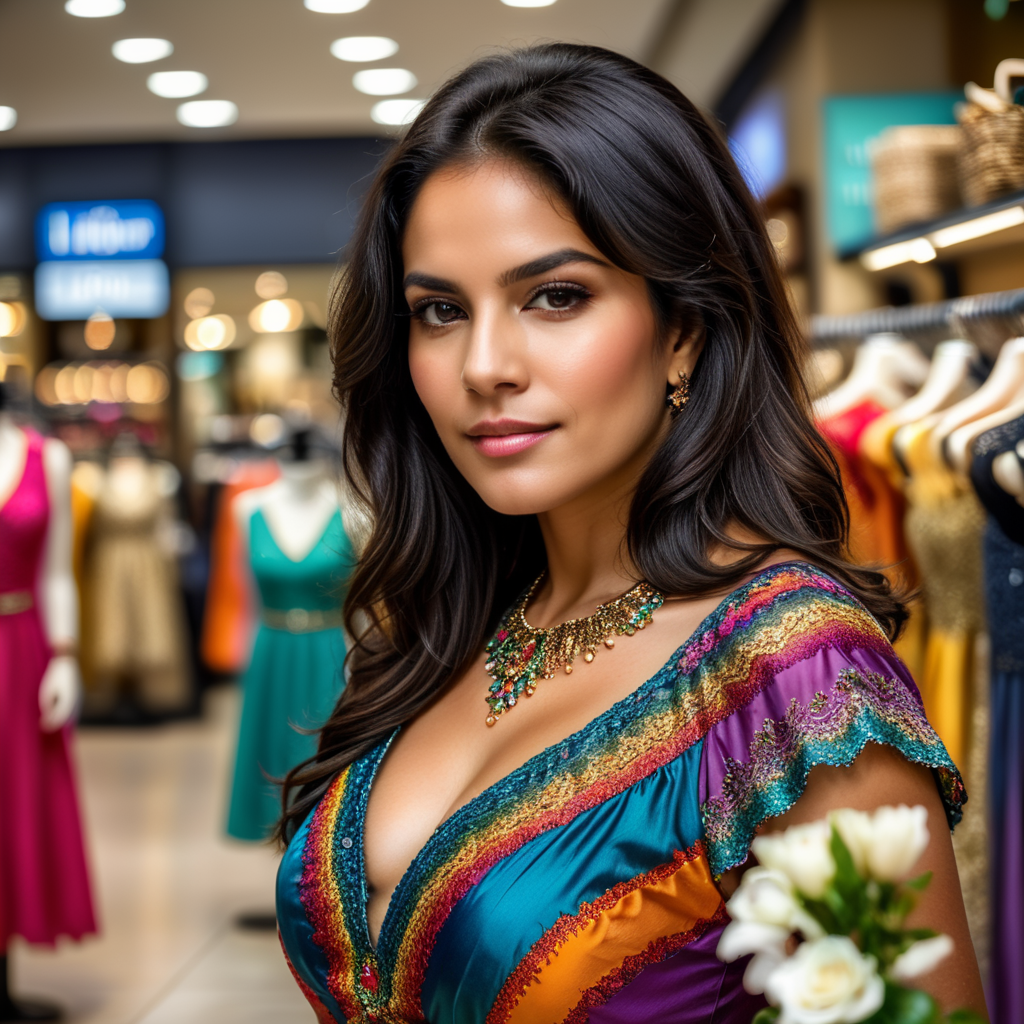 medium size latin woman black hair in colorfull dress, shopping in a nice clothing store