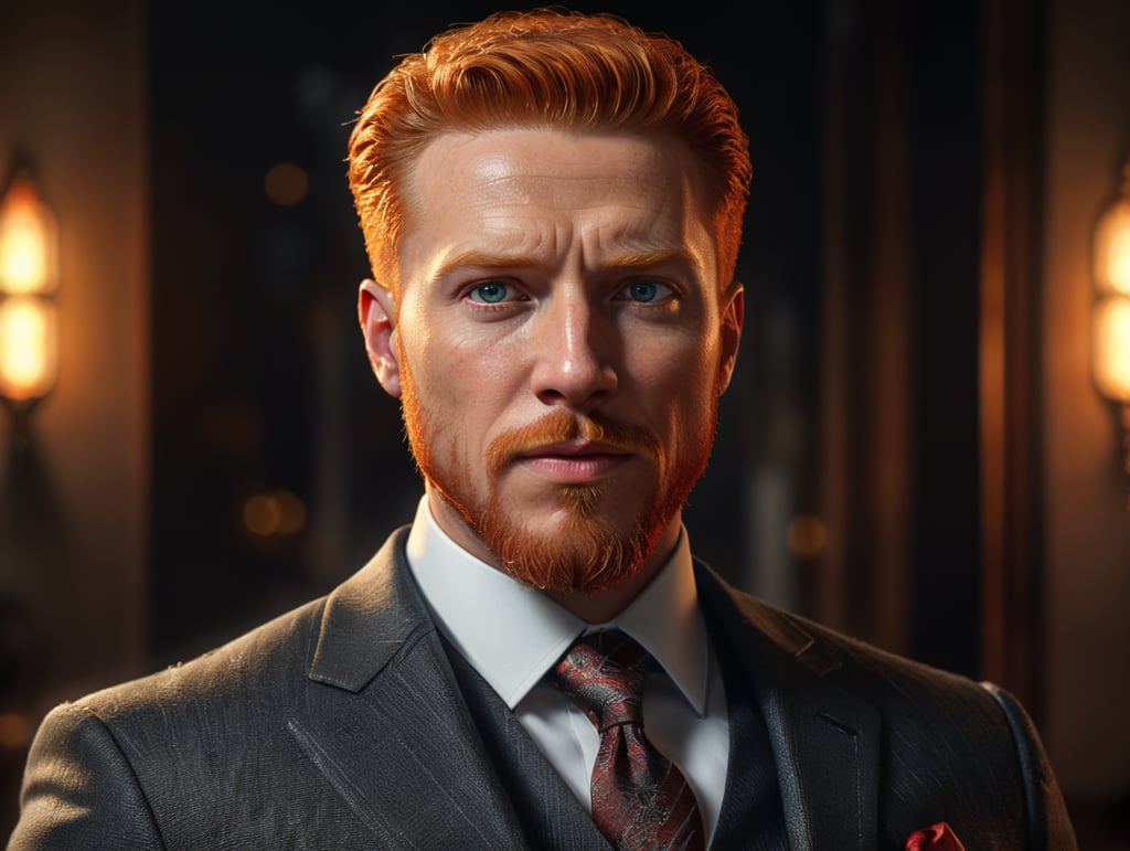 A ginger man in a suit with a goatee, his eyes are glowing red.