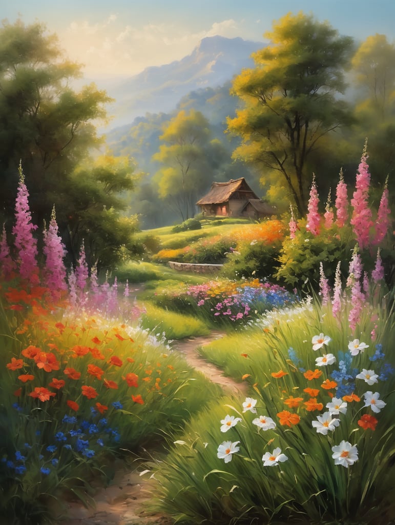 In a serene and picturesque countryside field, a vibrant combination of lush grass and a myriad of colorful flowers emerges, creating a mesmerizing sight that evokes a sense of tranquility and natural beauty. This breathtaking scene, reminiscent of a vintage oil painting, comes to life through the artistry of digital creation. Every brushstroke captures the delicate details of each blade of grass and petal of the flowers, exhibiting the mastery and precision of the artist. The image exudes a timeless charm and impeccable quality, inviting the viewer to immerse themselves in the idyllic charm of nature's splendor, oil painting strokes, oil painting noise