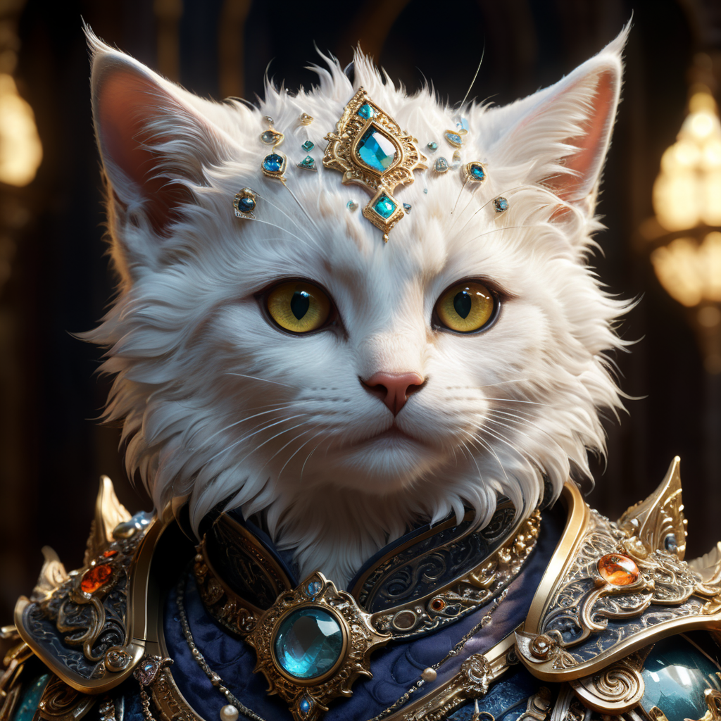 generate a celestial adorable non-human kitten in the style of celestial and fantasy. the kitten should be the most beautiful animal ever created. Consider details like fluffy and feathers and silk and satin and shimmer and glimmer. Include subtle details of phantasmal iridescence. emphasize small details of fantasy and ornate jewels. camera: utilize interesting and dynamic composition. enhance visual interest. lighting: use ambient lighting that enhances the ambiance of fantasy. include bold colors and deep shadows. hires, detailed large eyes, hires detailed eyes, hires small details, ornate, intricate details, 8k, shimmer, unity, official cgi unreal engine, high resolution, (((masterpiece))), high quality, highres, detail enhancement