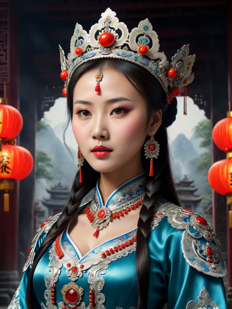 beautiful Chinese Zhangjiajie woman, dressed in a traditional outfit with Traditional Chinese wedding crown, standing, captured against a backdrop of a (dark room of an old Chinese temple, ) illuminated by a (daylight medium contrast source ), face turned three quarters