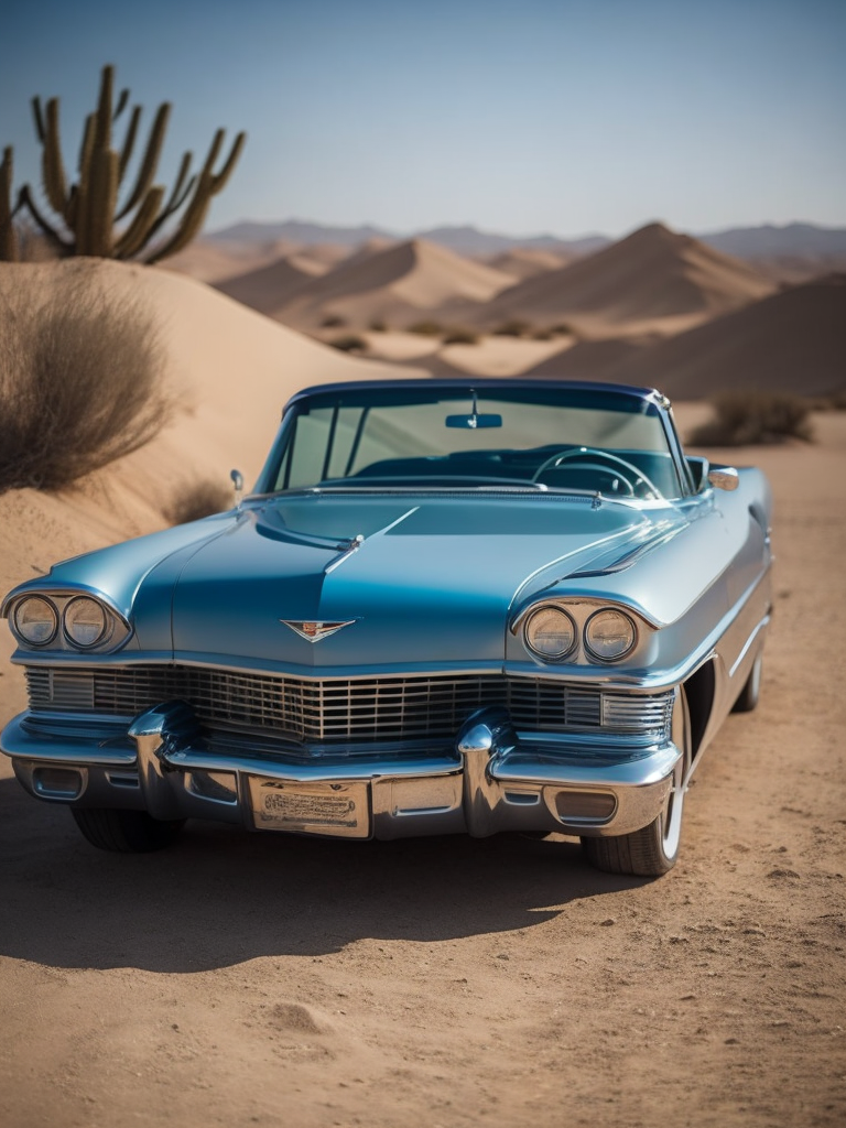 Blue cadillac eldorado 1959 in the desert, dunes on the background, Sunny day, Bright and rich colors, Detailed image