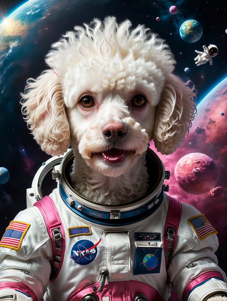 white poodle, space suit, earth orbit, funny dog, cheerful poodle pet in space, dog in pink space suit, poodle in orbit space adventure playful poodle, 1280x720 pixel scale