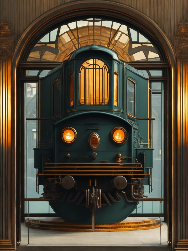 a train locomotive on wheels, art deco, art nouveau, streamline, front window, steampunk, tall