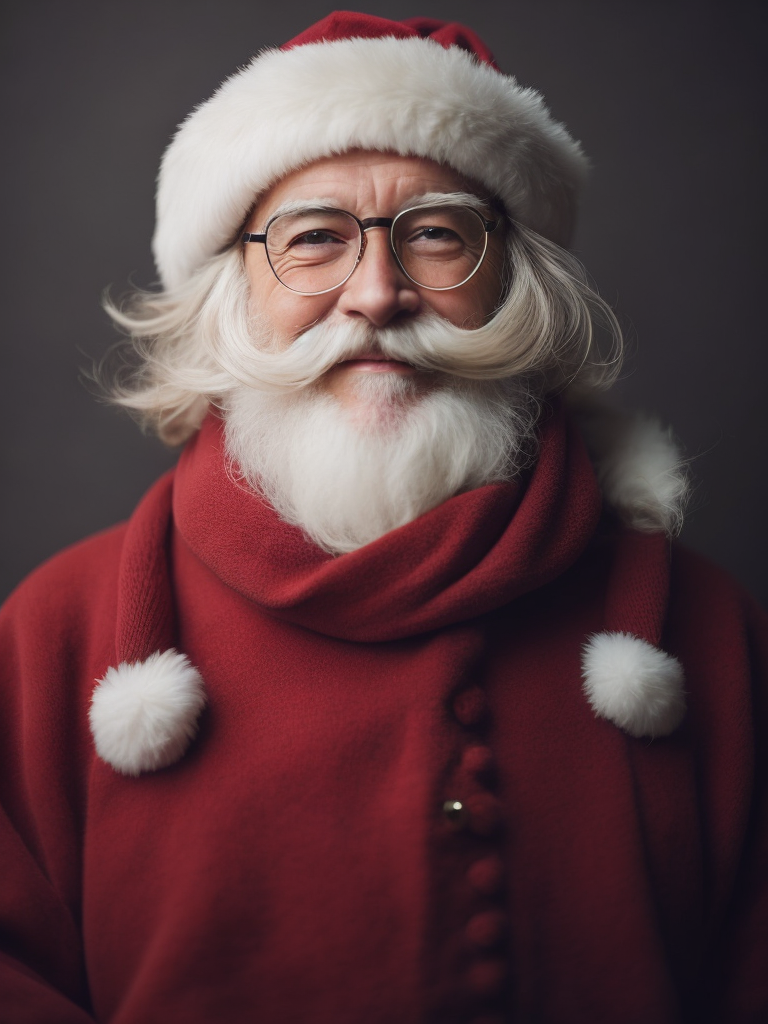 Um Pai Natal encantador de barba branca, gorro e óculos a sorrir e a olhar directamente para a camera. A foto é realista com um estilo vintage e uma luz mágica.