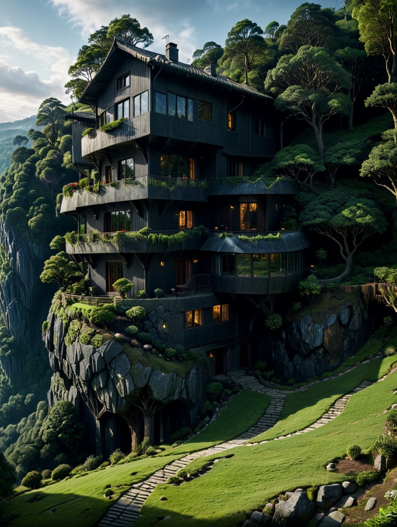Modern_Elfin_house_on_a forest hillside:: two_levels, partially_submerged into_the_hill:: Earth roof with lawn:: facades _with_superlarge_windows:: elfin medieval motifs of decoration and architecture:: an_awe-inspiring_art_scene filled_with_feelings_of_tranquility_nostalgia_comfort::