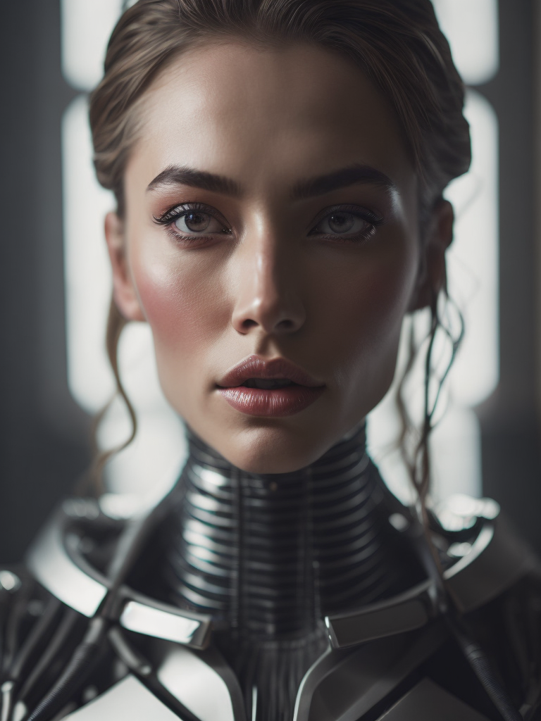 Portrait of a robot girl, enormous lips, transparent neck, porcelain face and head, robotic parts, cyberpunk, cable electric wires, hyperrealistic, fantasy, octane render, intricate, concept art, professional studio lighting