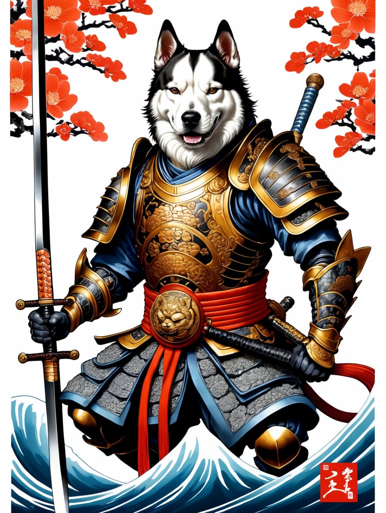 There is a dog with a fish and a sword on a white background, samurai dog, dog warrior, armored dog, anthropomorphic dog ninja, samurai deity with koi armor, by kanō tan'yū, highly detailed and colored, in the art style of ukiyo - e, inspired by utagawa kuniyoshi