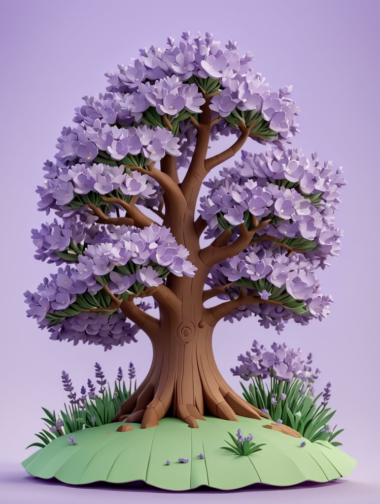 sawed tree, around small lavender flowers made of paper on a lavender background