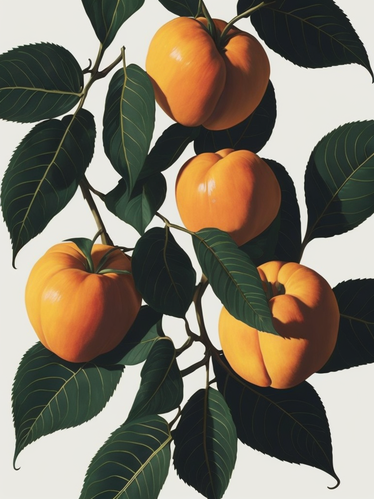 Peaches With Leaves, Flat, Tamara Lempicka, White Background, Art Deco, Photoillustration