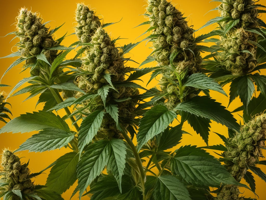 Cannabis and hops wrapping around each other, yellow background, bright and saturated colors, elegant, highly detailed, sharp focus, dramatic lighting, incredibly high detailed