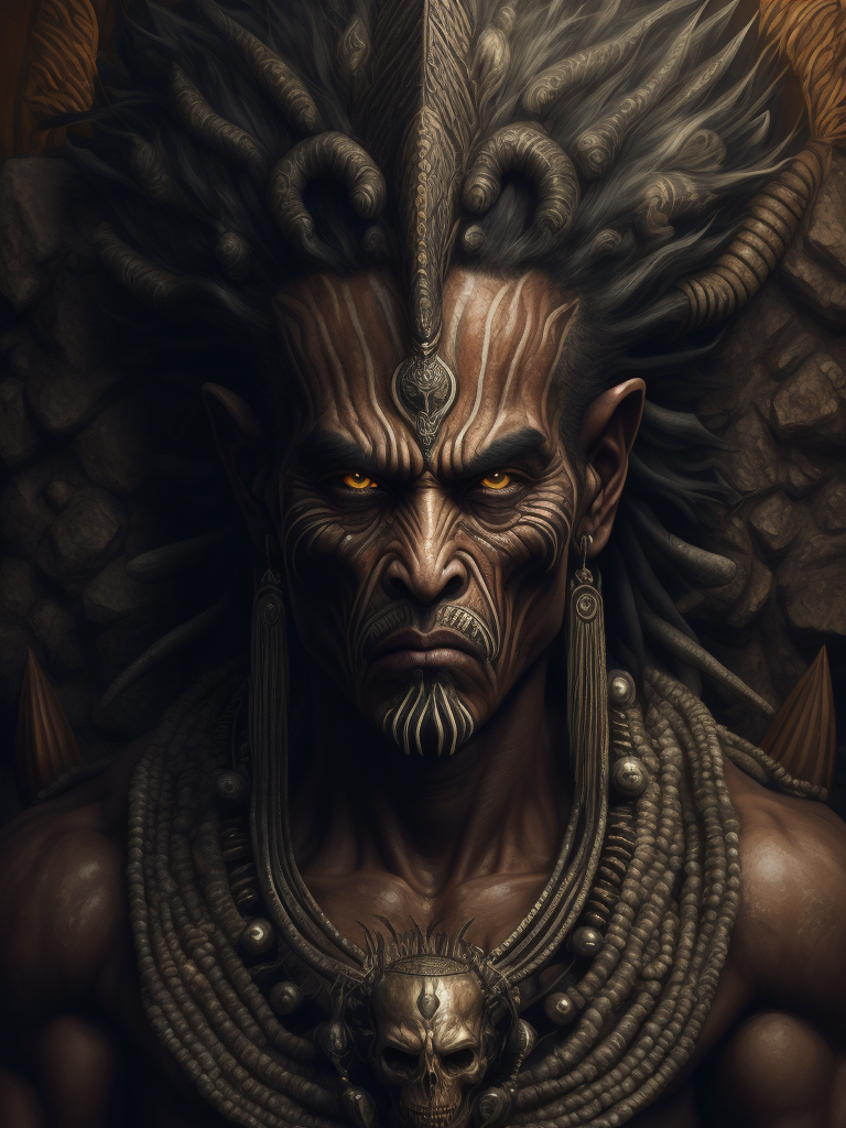 In this powerful and evocative image, mictlantecuhtli, the ancient aztec god of the underworld, emerges in all his ominous glory. rendered predominantly in stark black and white, with subtle gradations of gray, the depiction showcases the deity's menacing presence and serves as a testament to his authority. mictlantecuhtli's face embodies an intense fury, with furrowed brows and eyes ablaze with anger. his facial features are sharp and defined, with deep-set eye sockets that pierce through the darkness. elongated, bony structures form his skeletal visage, accentuating the otherworldly nature of his being. jagged teeth, stained and yellowed, protrude menacingly from his mouth, capturing his ferocity and instilling fear in those who behold him. the environment surrounding mictlantecuhtli reflects the essence of his era, transporting us to the aztec underworld known as mictlan.