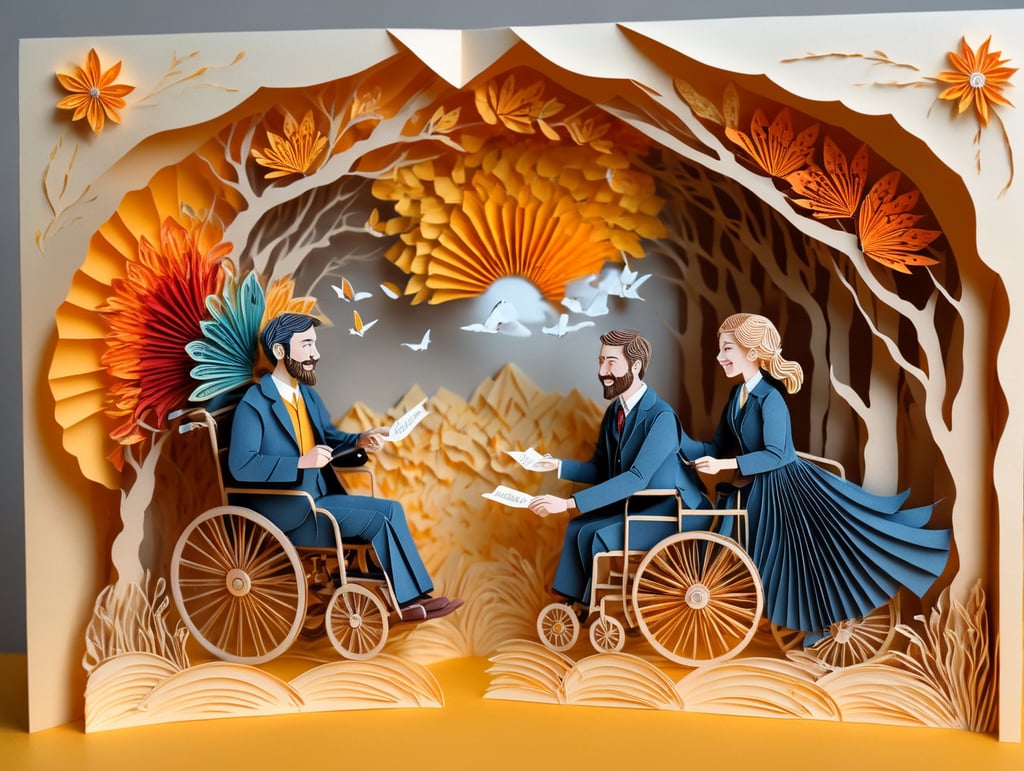 2 young adult people standing, 1 young adult person in wheelchair, talking, happy