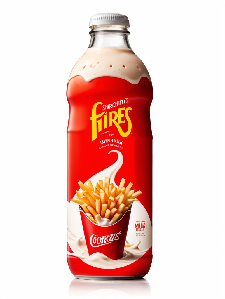 An advertisement shot of a Bottle in front of a white background. The bottle has a very dynamic branding of fries and milk blending into a milk shake texture