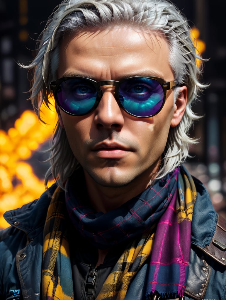 Portrait of halo, sunglasses, blue eyes, tartan scarf, white hair by atey ghailan, by greg rutkowski, by greg tocchini, by james gilleard, by joe fenton, by kaethe butcher, gradient yellow, black, brown and magenta color scheme, grunge aesthetic!!! graffiti tag wall background