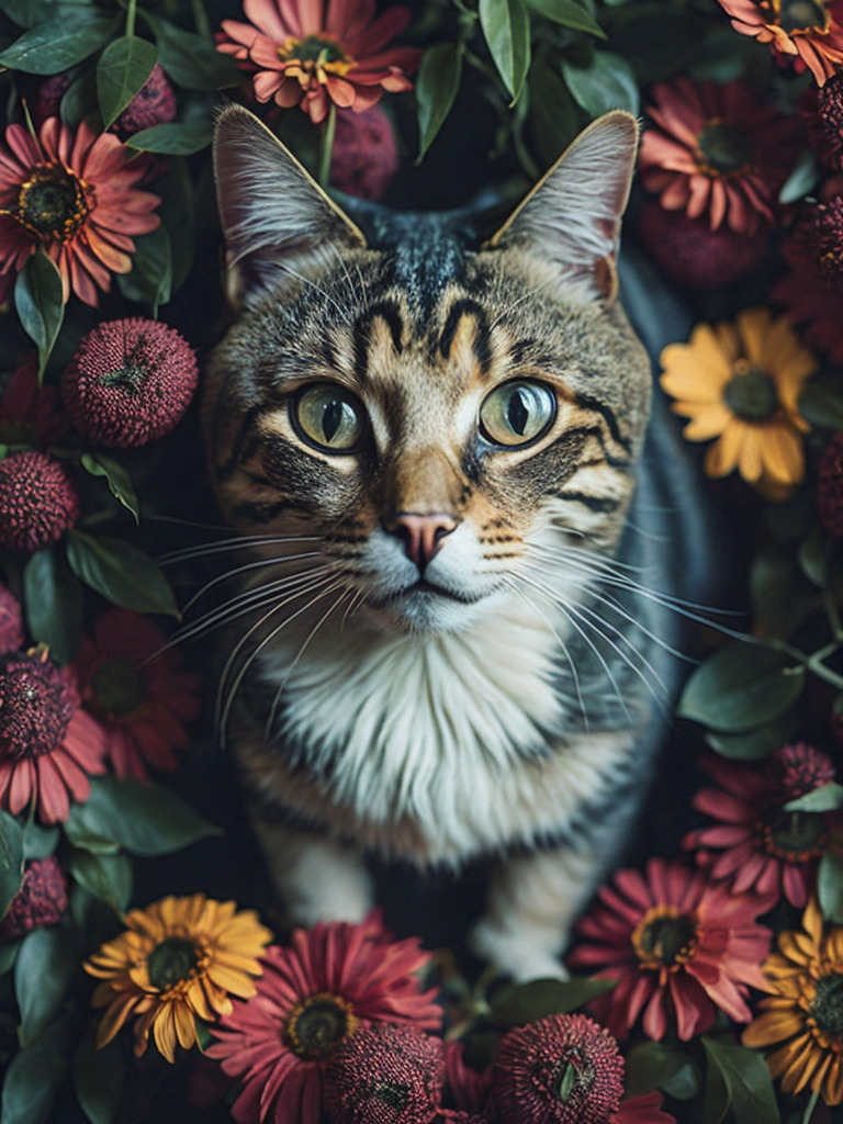 A cat is surrounded by flowers and flowers in a pile of them, looking up at the camera, a stock photo, conceptual art, photorealistic