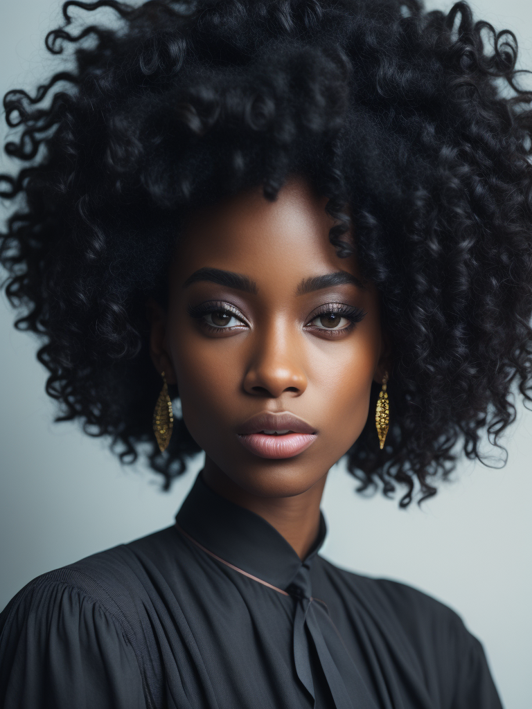 A photo of a beautiful black woman with black curly hair, big earrings, dreamy, nostalgic, fashion editorial, studio photography, magazine photography, earth tones