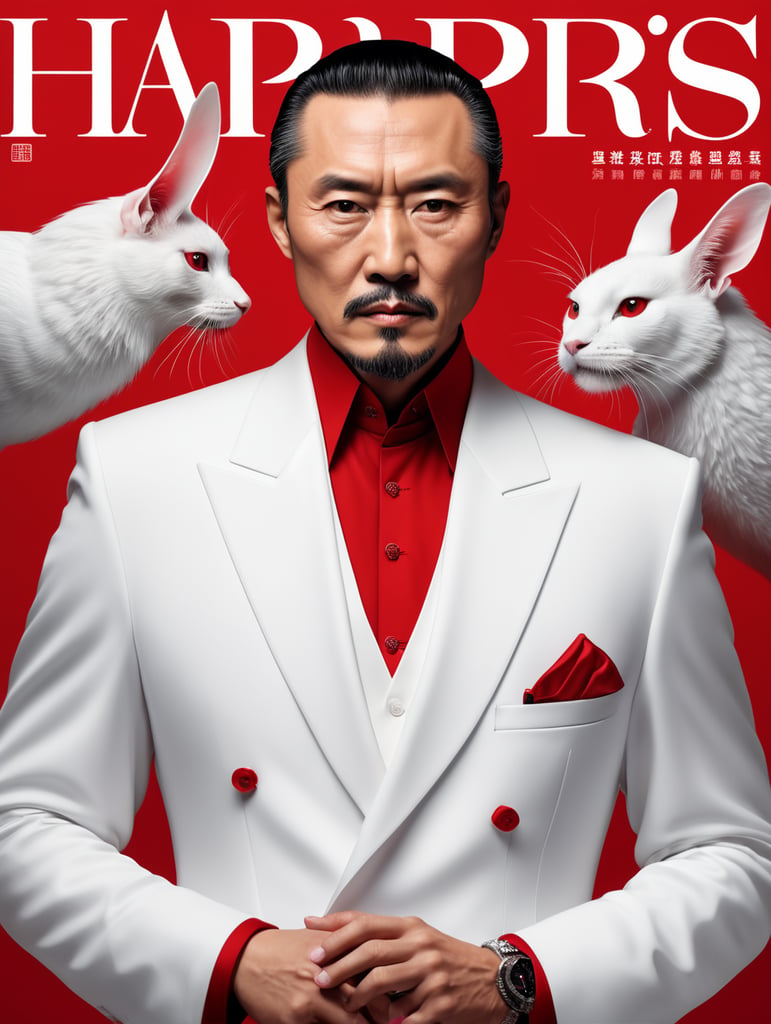 Chinese godfather, avant-garde, simplygo, photoshoot spread, dressed in all white, red background, harpers bizarre, cover, headshot, hyper realistic