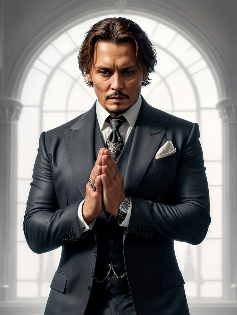 Johnny Depp - manager, suit, hands in prayer, without background, white background