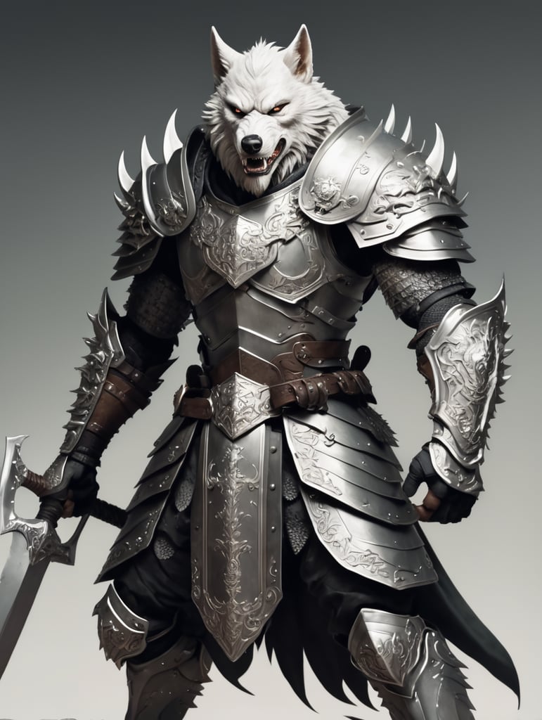 whire werewolf with armor or two swords