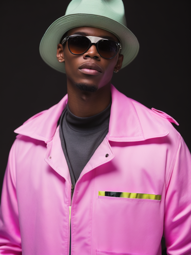 Black male fashion model, Wearing a pink jacket and a green panama hat, large black sunglasses, Black background, Bright and rich colors, bright saturated color, sharp focus,