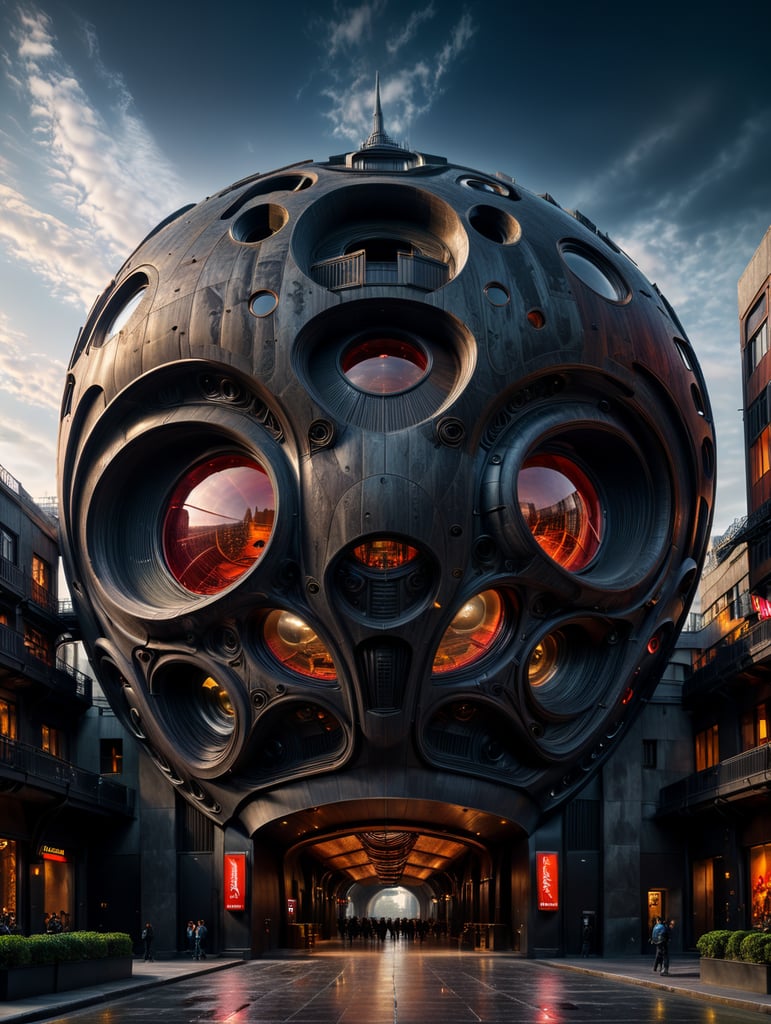 the craziest, bentwood, far view lens architectural modern style hyper realistic hyper detailed neocosmic exterior architecture design of a alien Fluid complex facade, geometric shapes spectrum, black::1 red:3, Antoine Blanchard architecture art style, in new York city, dramatic ambient, natural lighting