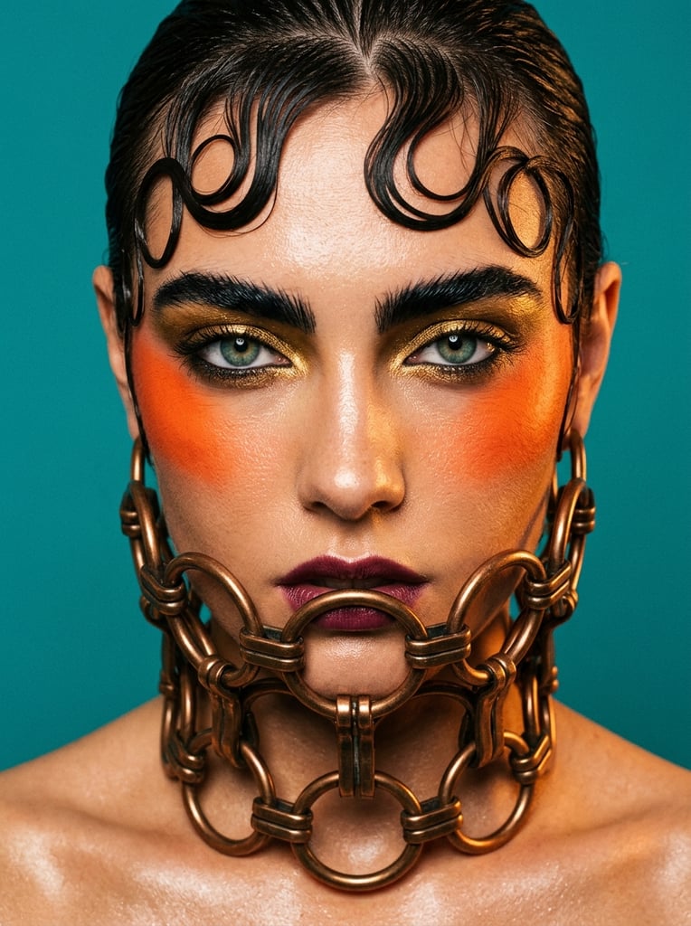 Close-up high-fashion portrait of a model against a solid vibrant teal background. Dark wet-look hair is sculpted into flat, rigid swirls on the forehead. Striking makeup features shimmering gold eyeshadow, thick arched brows, and a bold horizontal stripe of vivid orange blush across the cheeks. A curved metallic bronze collar composed of interconnected circular rings obscures the neck, chin, and lower lip. Studio lighting highlights the glowing skin and creates a high-contrast palette of warm golds and oranges against the cool blue environment. Tight framing focuses on the piercing green-blue eyes.