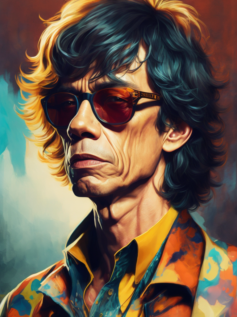 Mick Jagger wearing a brightly patterned jacket and wayfarer glasses, Vivid saturated colors, Contrast color