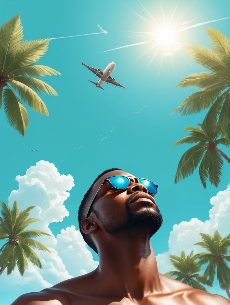 a black man raised his head up, looks at the sky, sunglasses, an airplane flies in a clear sky and leaves a mark, summer, turquoise shades, vector art