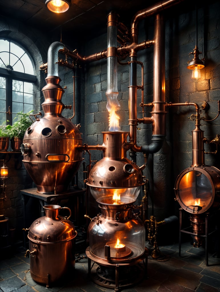 Close-up of a Copper distillation unit alembic, candles on the walls, Dim antique room for whiskey production, herbs and hops, old master sitting on a chair