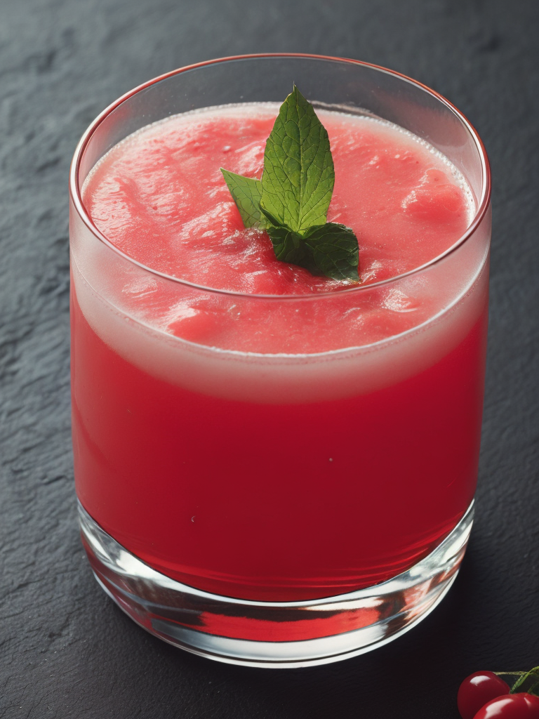 a glass of juice with green leaves on top