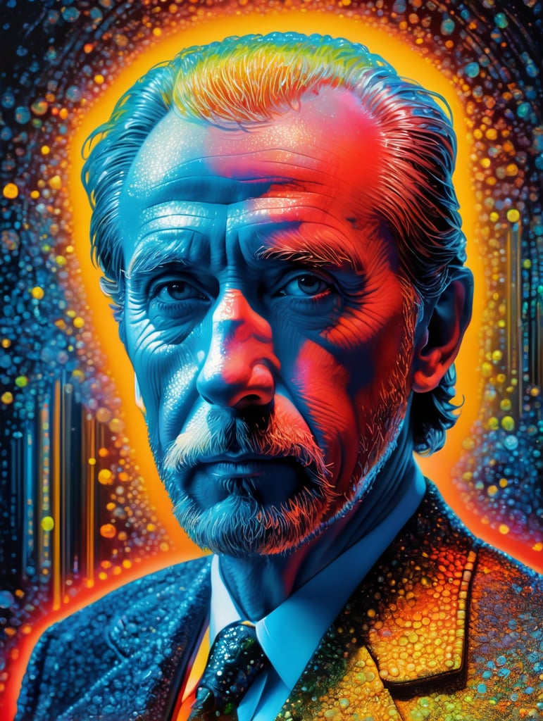 Fine Art Fluorescent Pointillism Sci-fi Surrealism Photography, Futuristic Mickey Mouse, Portrait made of hyper-detailed transparent frosted plastic, Moebius Bernard Buffet, van Gogh, Vermeer, Erin Hanson, Pierre Soulages, National Geographic, textured depth, vibrant fluorescent hyperrealism photo